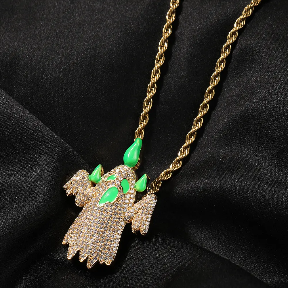 Iced Out Ghost-Shaped Pendant Necklace, Unisex Hip Hop Punk Artificial Gemstone Costume Jewelry with Cuban Link Chain for Halloween, Costume Jewelry Necklace, Punk Artificial Gemstone Necklaces & Pendants