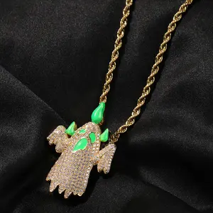 UUJ Ice ZC Unisex Ghost-Shaped Hip Hop Artificial Gemstone Pendant with Cuban Link Chain, Jewelry for Halloween Gifting