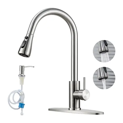 NGNP Stainless steel pull-out kitchen  faucet with soap dispenser, available for 1/3 holes in the , single handle, suitable for , RVs, laundry rooms, bars, brushed nickel paragon sink stainless steel kitchen level