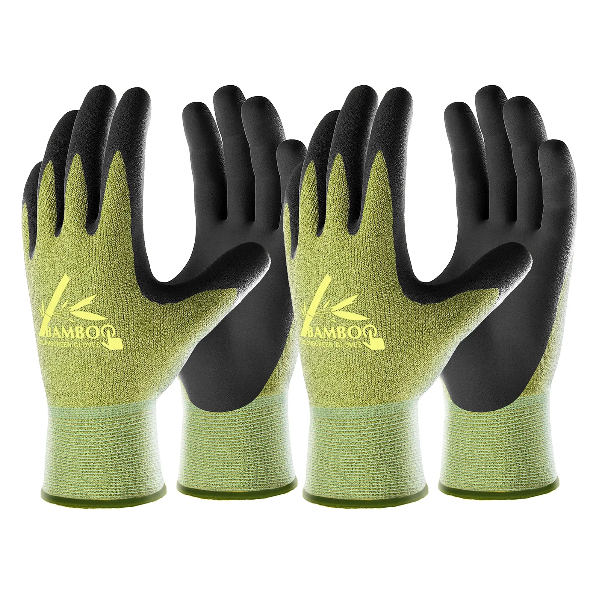 COOLJOB 2 Pairs Bamboo Touchscreen Grip Gardening Gloves, Nitrile Rubber Coated Workwear Gardening Work Gloves, Nitrile Gardening Gloves