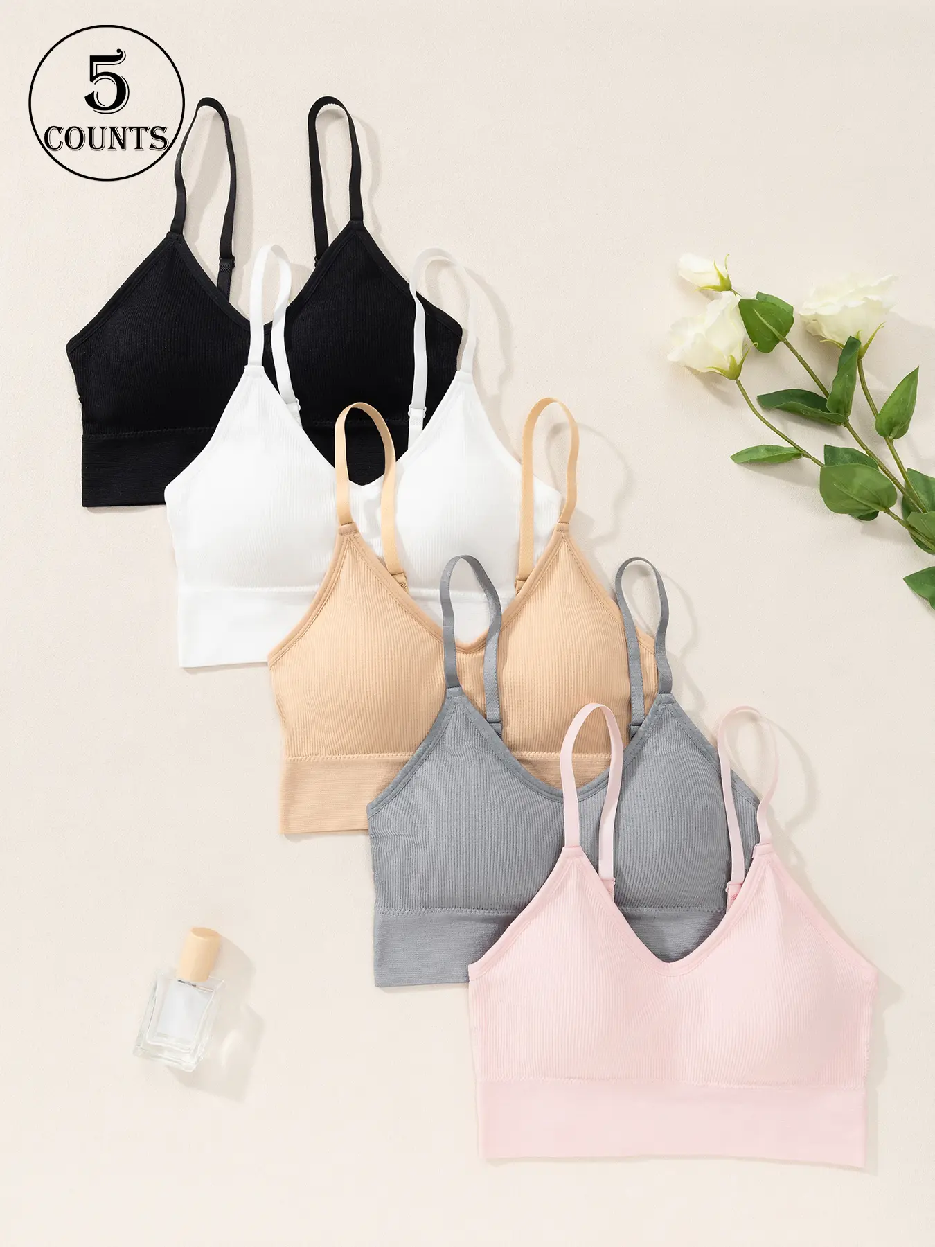 5-piece set of sexy backless women's bras, Wirefree bra, wireless with removable pads, adjustable shoulder straps, back-enhancing support, shaping and gathering, suitable for daily commuting, casual wear, sports