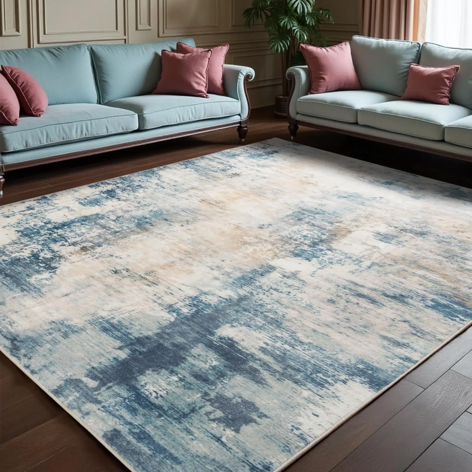 Abstract Faux Cashmere Area Rug, Washable Rug With Non-Slip Backing, Low Pile Area Rug Carpet For Living Room Bedroom Dining Room, Grey, Khaki, Blue,