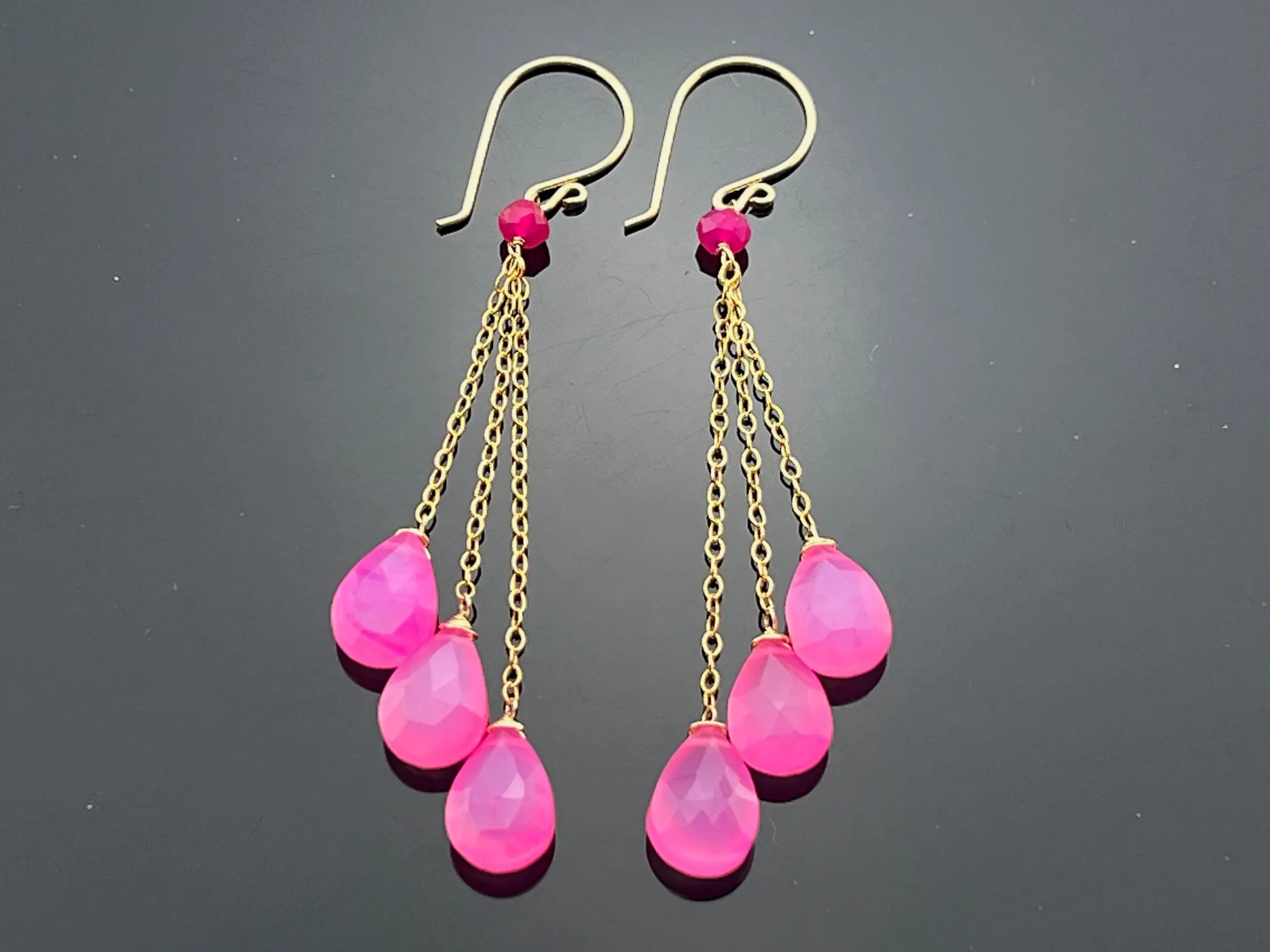 Hot Pink Chalcedony · Long Dangle Earrings · 14K Gold Filled · Gemstone Jewelry · Bright Bold Gift · Handmade · For Her