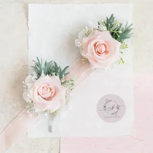 Blush Pink Rose Wrist Corsage & Boutonniere Set - Ballet Pink Prom Corsage, Boho Wedding Flower Girl Wristlet, Homecoming Corsage, Groom Boutonniere, Bridesmaid Corsage Gift with Customizable Sheer Ribbon Colors and Silk Flowers