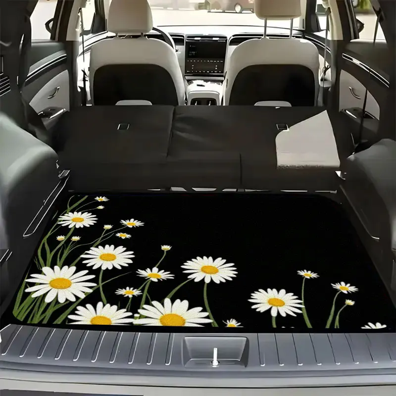 WOYUO Daisy Design Crystal Velvet Car Trunk Mat -cool car stuff Black Background with White Daisies, Stylish, Elegant, Non-Slip, Durable, Car Floor Mats, Pet-Friendly Automotive Interior Accessory for Vehicle Clean-Keeping Car Essentials
