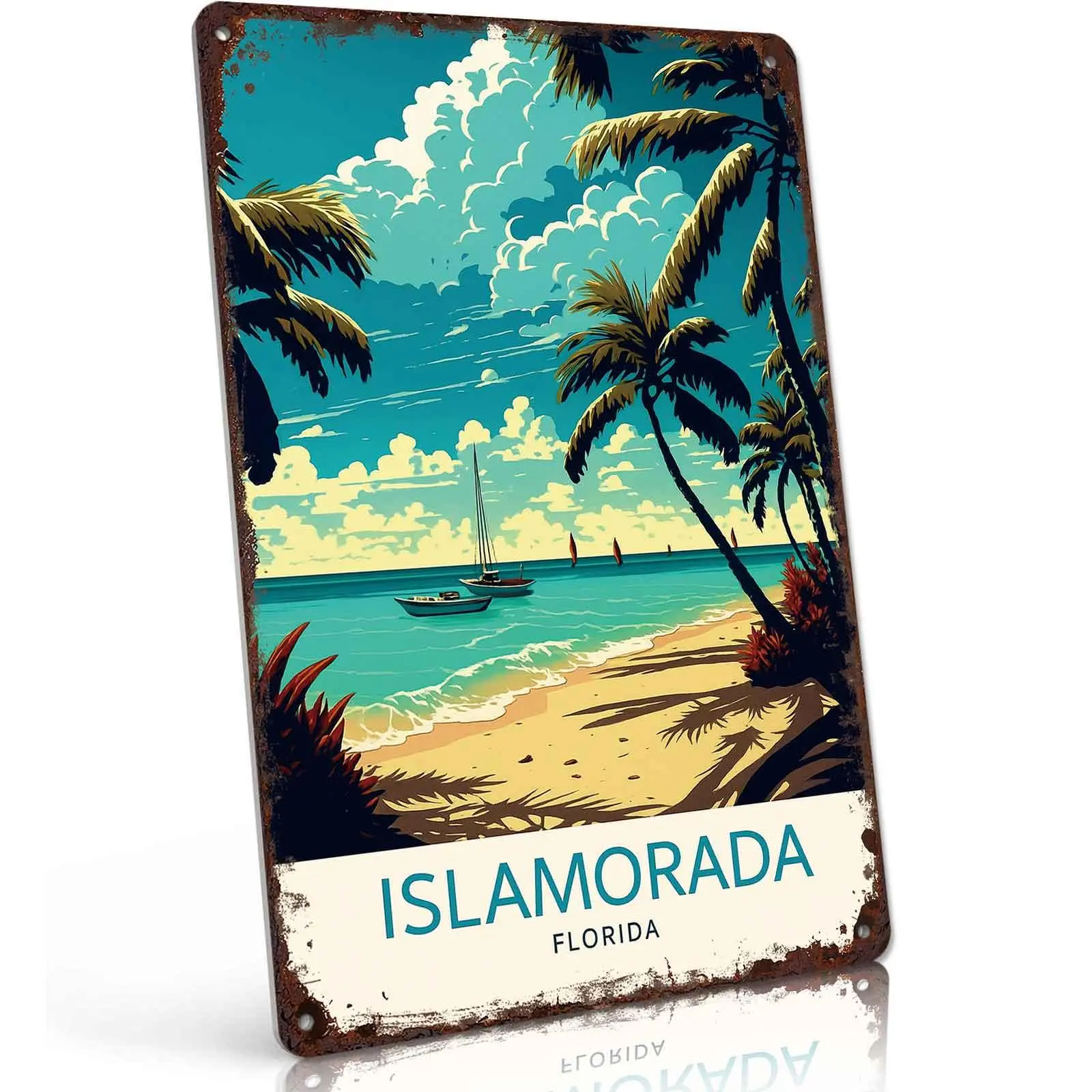 Islamorada Florida Beach Aluminium Tin Sign, 8x12 in Lightweight Decorative Vintage Tropical Palm Tree Sailboat Wall Decor with Mount, for Coastal Room, Bar Garage Retro Art Gift for Beach Lovers