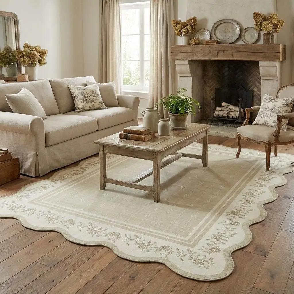Garvee Scalloped Area Rug 8x10 for Living Room and Bedroom, Washable Non-Slip Modern Bordered Soft Large Indoor Rug for Dining, Office, Nursery, Festive Beige Floor Cover
