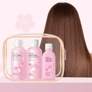 LAIKOU Japan Sakura Hair Care Travel Set - 3 PCS Shampoo, Conditioner & Argan Oil Serum Kit | Deep Nourishing & Anti-Frizz Routine for Smooth Hair | Gym/Travel Essentials, Long-lasting Floral Scent