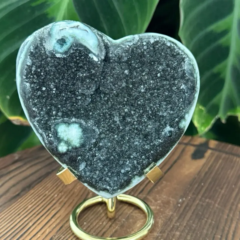 Rare Green Sugar Amethyst Heart – Uruguay Druzy Crystal on Stand