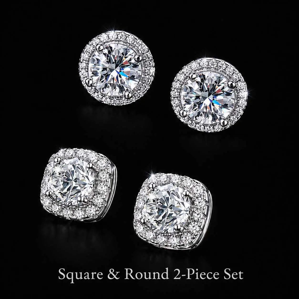 2 Pairs Silver Plated Cubic Zirconia Stud Earrings for Men & Women, Round & Square CZ Stud Earrings, Classic Unisex Ear Jewelry, Sparkling Stud Earring Set, Small CZ Earrings for Birthday, Wedding & Everyday Wear, Silver Tone Ear Studs