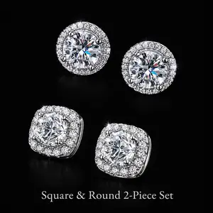 2 Pairs Set S925 Silver Cubic Zirconia Stud Earrings for Men & Women, Round & Square CZ Ear Jewelry, Classic Elegant Unisex Gift for Birthday, Wedding & Everyday Wear, Sparkling Stud Earring Set, Small CZ Earrings, Hypoallergenic Style, Silver Ear Studs