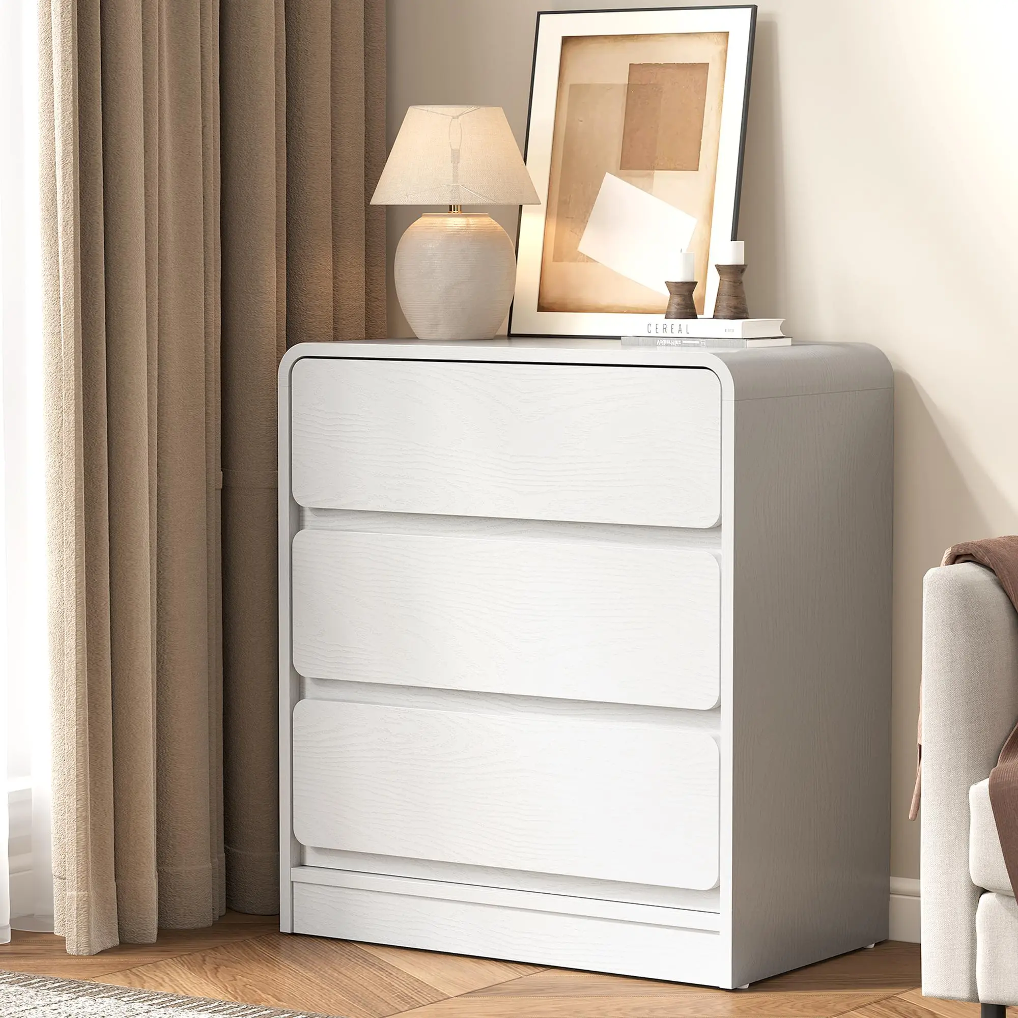 Royalcraft L Modern 3-Drawer MDF+Wood Nightstand - Waterproof, Handle-Free Space-Saving MDF Cabinet with Deep Multiple Storage Drawers, Easy Setup Bedroom Dresser End Table for Bedroom, Living Room