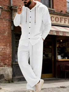 Men's Fashion Casual Athleisure Wear Set Sportswear Outdoor Exercise Fitness Running Walking High-End British Style Breathable Linen Long Sleeve Pants Set