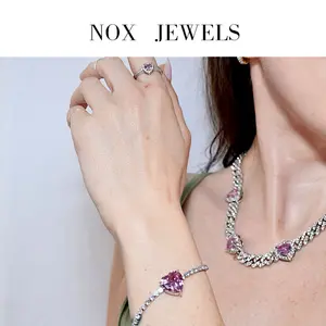 Bling Pink Heart Ring Bracelet 18k White Gold Plated CZ Jewelry Set - CJS1221