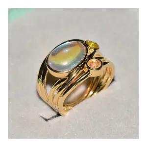 Fashion Cute Big Crystal Oval Moonstone Ring Yellow Gold Engagement Ring Vintage Party Wedding Rings For Women
