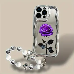 Dark purple rose pattern with bracelet, anti-drop, anti-slip TPU full lens mobile phone protective case, suitable for iPhone 16 15 14 13 12 11 XS X and other series models, can be given as a gift to friends or family