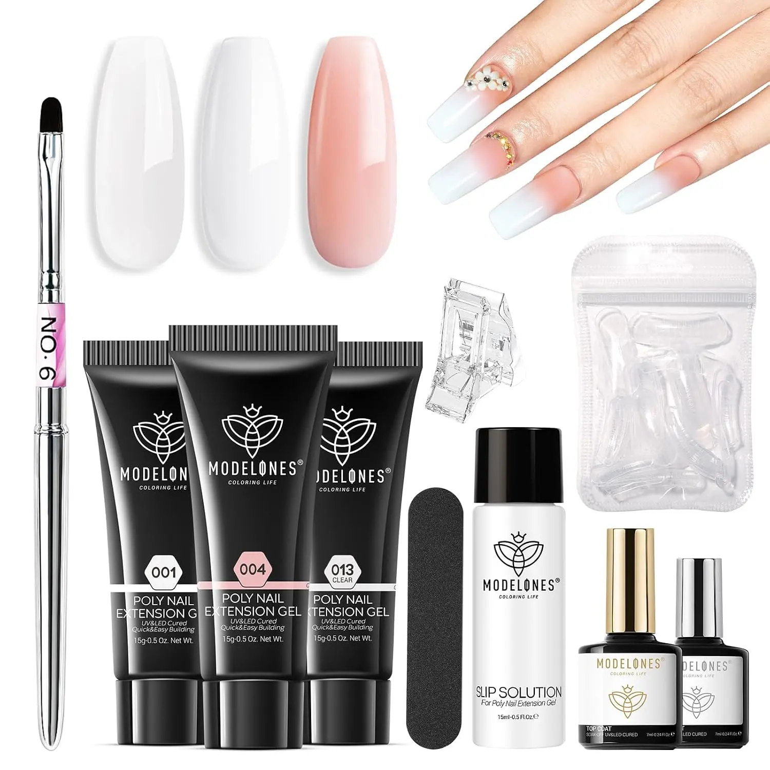 Modelones Poly Gel Nail Kit 3 Colors Clear White Apricot with Slip Solution | Dual Nail Forms Top Base Coat Extension Builder Gel Toenail Kit DIY Nail Art Salon Use