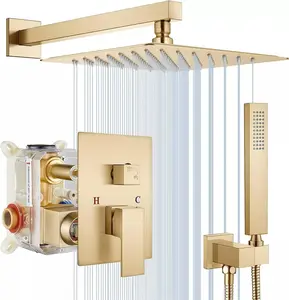 Shower System Brushed Gold, Shower Faucet Set with 12 inch Rain Shower head and Handheld Shower Head Set,Shower Trim Kit with Pressure Balance Valve Brushed Gold