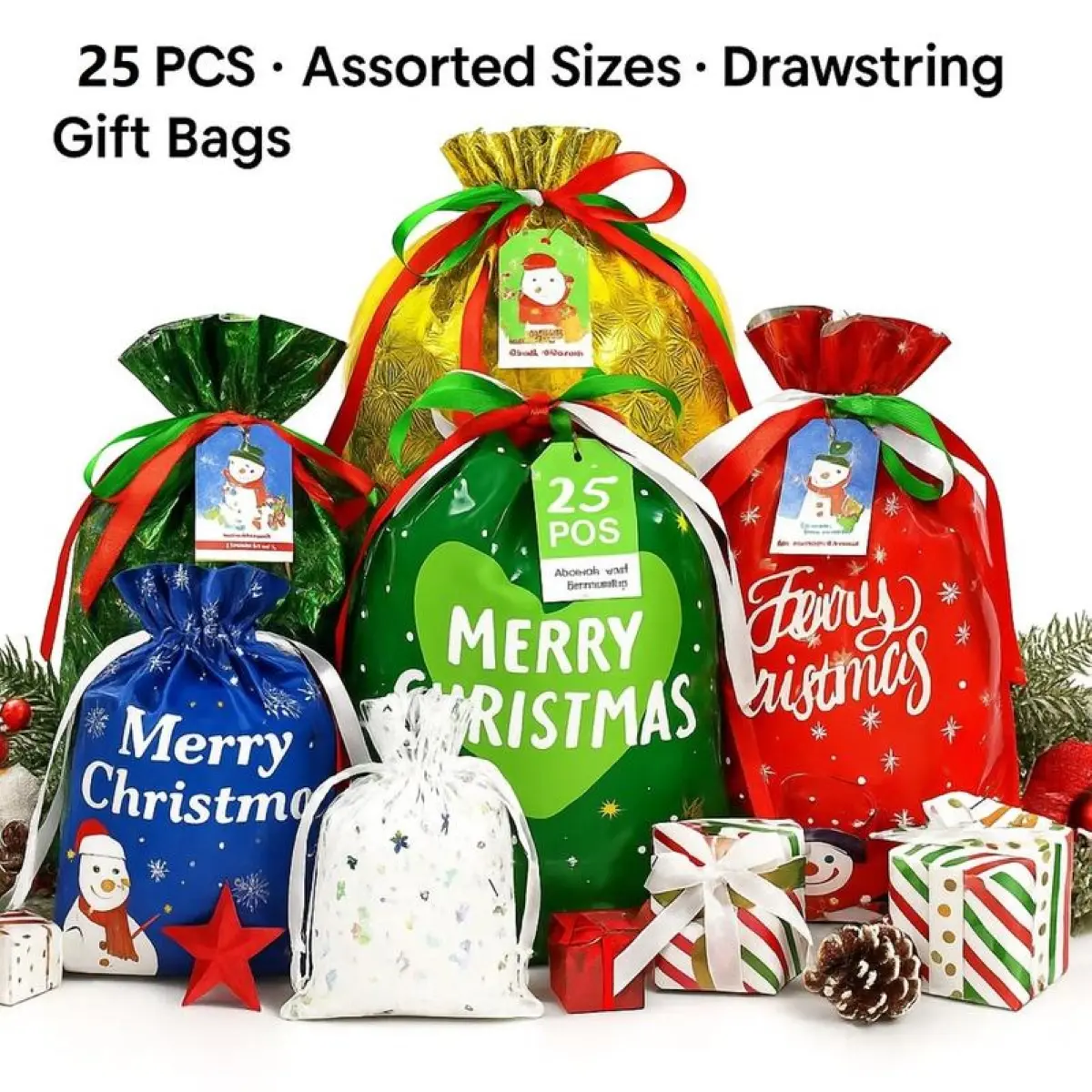25 Christmas Drawstring Gift Bags with Tags – 15 Medium & 10 Large Random Designs, Perfect for Weddings, Holidays & Party Favors