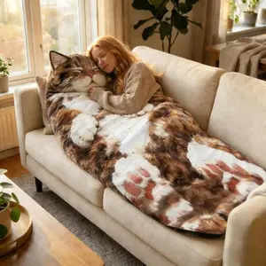 Adult cat-themed plush sleeping bag, unisex, adorable cat theme, suitable for indoor and outdoor use, 69-inch washable comfort blanket, perfect for camping and home relaxation.