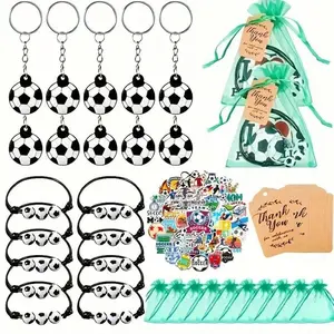 90pcs/10set Football Party Souvenirs, Includes Key Chains, Ribbon Bags, Bracelets, Stickers, Paper Labels, Perfect for Birthdays & Events