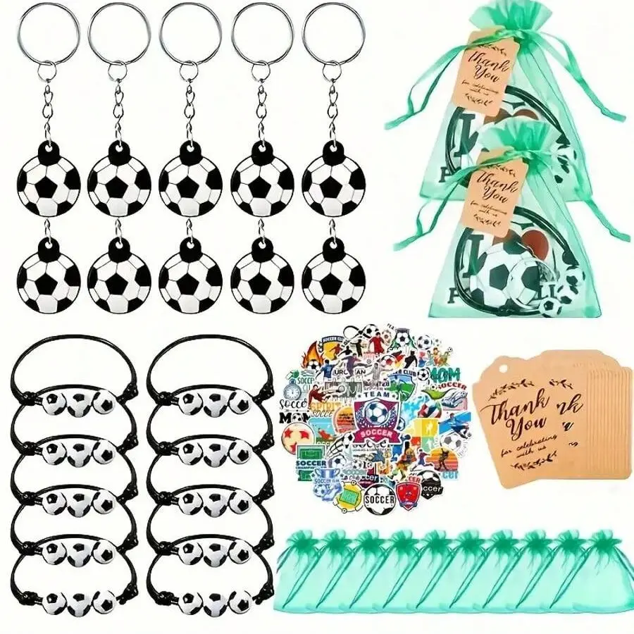 90pcs/10set Football Soccer Party Souvenirs, Includes Key Chains, Key Chain For Car Keys, Keychains, Ribbon Bags, Bracelets, Stickers, Paper Labels, Easily Distributed, Perfect for Birthdays & Events, Gift Keychain, Keychain Collectibles