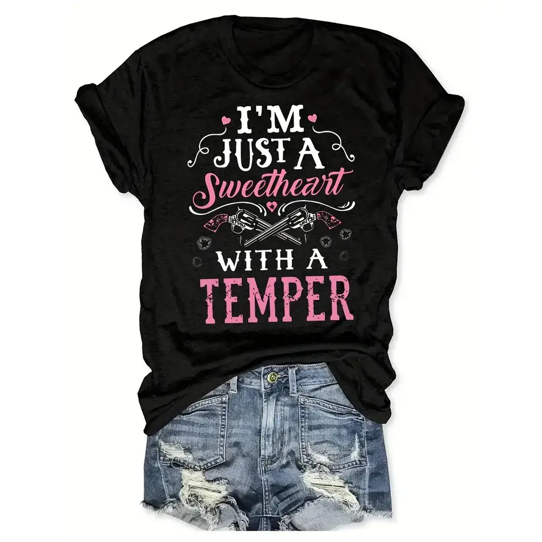 Western Print Short Sleeve Round Neck T-Shirt - Casual Top for Summer and Spring - Women's Clothing Cotton Fabric