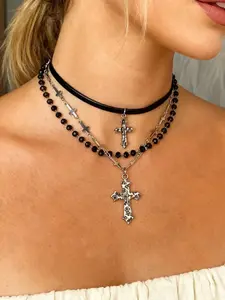 Gothic Style Cross Leather Beaded Necklace, Multi-Layer Stacked Chain, Unique Clavicle Pendant Necklace for Women, Cross Necklaces
