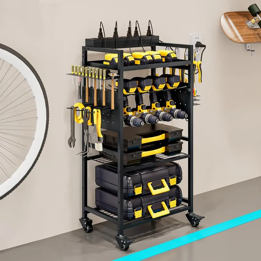 SUOERNUO Steel Frame Cordless Tool Organizer Cart, Garage Floor-Standing Rolling Drill & Battery Storage Cart with Wheels, Heavy-Duty Adjustable Shelf Utility Rack, Charging Station & Male Gift