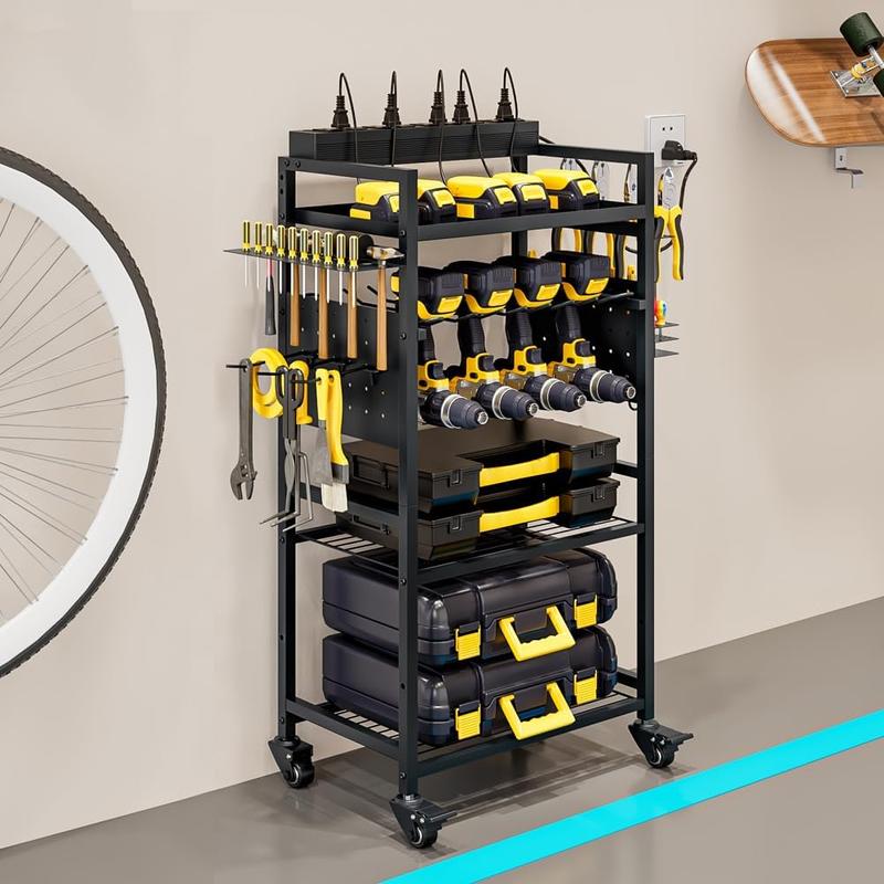 SUOERNUO Steel Frame Cordless Tool Organizer Cart - Rustproof Coating Rolling Base with Fixed & Swivel Wheels, Heavy-Duty Adjustable Shelf Utility Rack, Charging Station, Drill & Battery Storage Tool Kit, Christmas/Birthday Gifts for Husband/Father