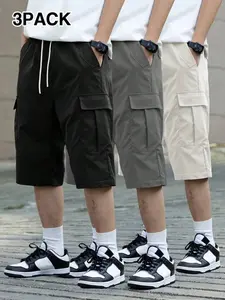 Men's Three-Piece Seven-Quarter Casual Shorts, Lightweight Wrinkle-Free Fabric, Loose Fit, Multiple Pockets, Summer Wear
