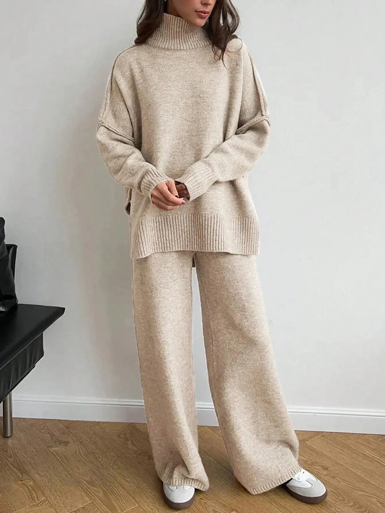 LBL Women's 2-Piece Knit Loungewear Set - Casual Oversized Long Sleeve Turtleneck and Wide Leg Pants, Basic Fall Style Clothes