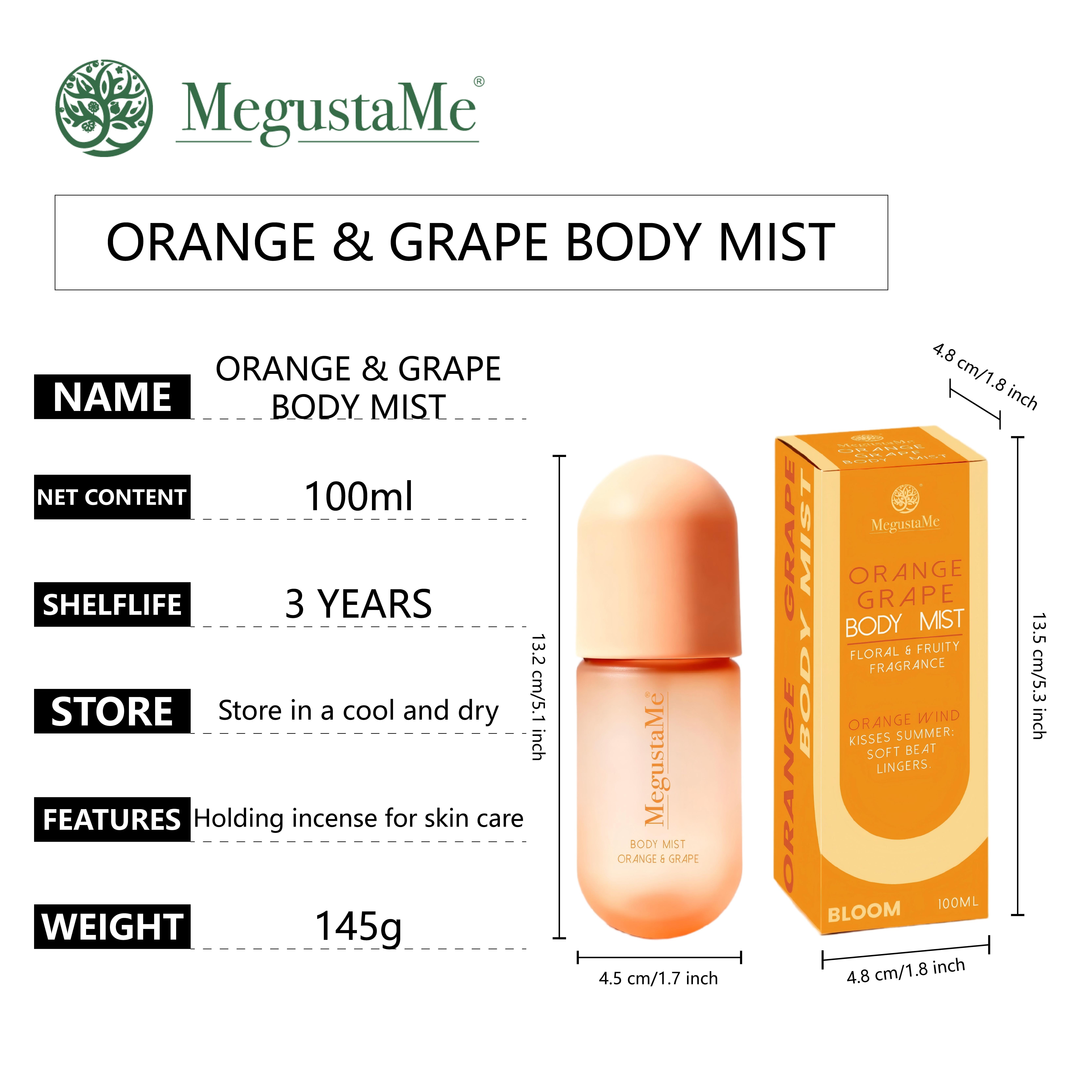 MegustaMe Orange & Grape Signature Fruity Body Mist 100ML - Long Lasting Citrus Fragrance, Paraben Free, Non-Irritating, Lightweight, Safe for Daily Use