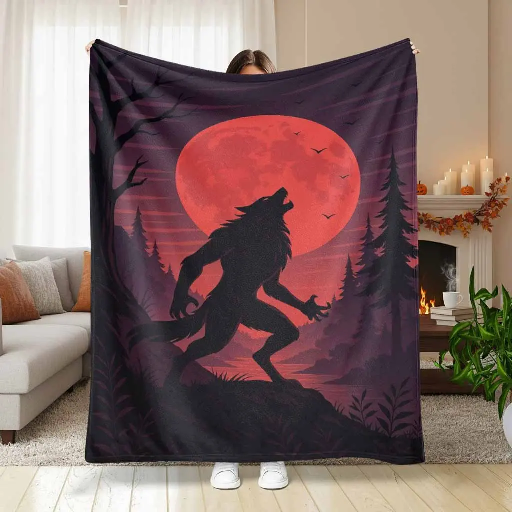 Blood Moon Werewolf Flannel Blanket Gothic Forest Wolf Silhouette Print Soft Cozy Lightweight Warm Plush Throw for Sofa Bedroom Camping Halloween Cabin Decor Gift