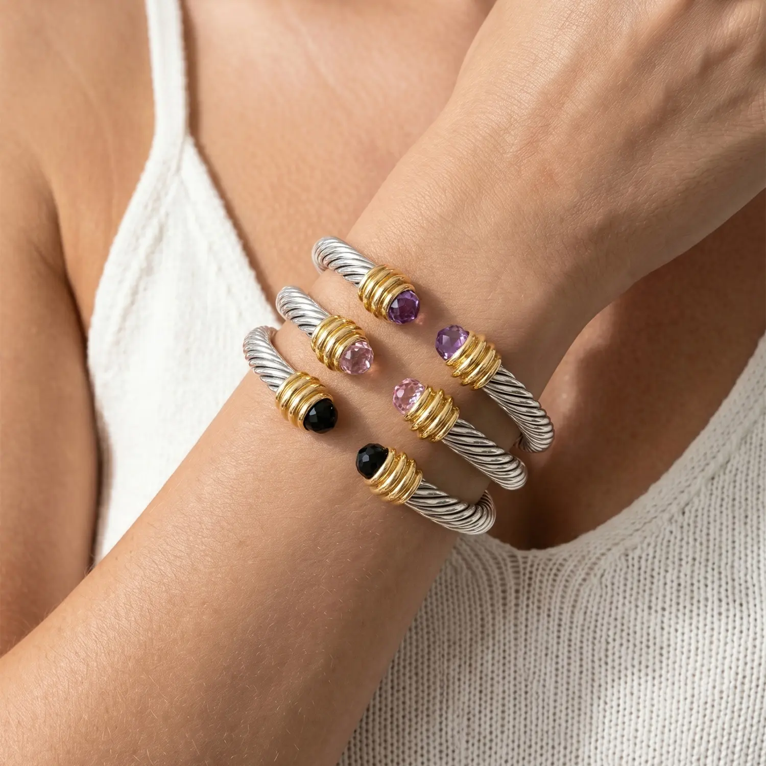 Luxury Two-Tone Twisted Cable Wire Cuff Bracelet Non-Tarnish Stainless Steel Platinum Plated Bangle with Sparkly Gemstone Zircon for Women