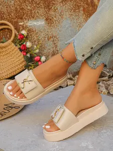 Women's Fashion Casual Sandals, PU Leather Anti-Slip Outdoor Slippers, Summer Streetwear Height-Boosting Flip Flops, Plain Design
