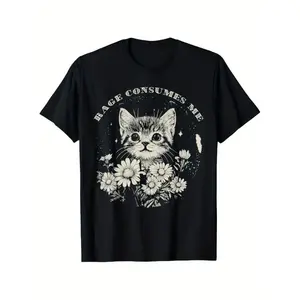 100%25 Cotton Summer T Shirts [Funny Cat T-Shirt] Soft Cotton Funny Cat Graphic T-Shirt - 'Rage Consumes Me' Sarcastic Kitten & Flower Design T-Shirt For Men and Women