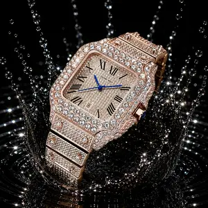 Luxury Rose Gold Moissanite Watch for Men, 42mm Iced Out Diamond Quartz Watch, Waterproof Hip Hop Bling Watch, Square Dial Luxury Jewelry Timepiece, Gift for Him