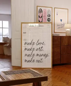 Make Love, Make Art, Make Money, Make Out - Trendy Newspaper Poster Wall Art Prints Retro Home Decor Housewarming Posters Black White Quote