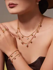 Elegant Heart Zircon Matching Jewelry Set, Stainless Steel Multi-Pendant Bracelet Anklet Earrings Necklace, Fashionable Luxury Accessories