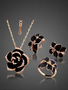 4 Piece Set Matching Jewelry Set Fashion Rose Flower Earrings Necklace Ring Wedding Set, Elegant Floral Design, All Seasons Jewelry