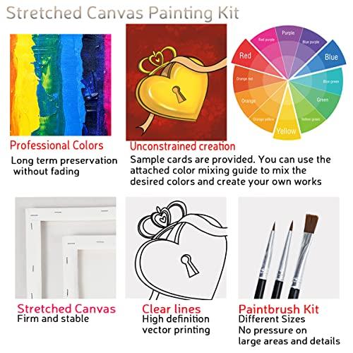 2 Pack Paint and Sip Canvas Painting Kit Pre Drawn Canvas for Painting for adults Stretched Canvas Couples Games Date Night Lock Key Paint Party Anniversary Valentine's Day (8x10)