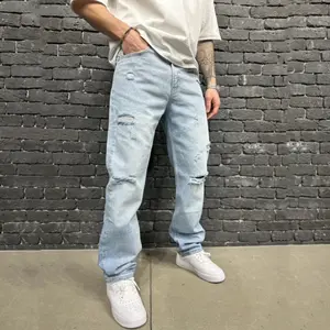 New Men Street Stylish Simple Holes Design Loose Straight Jeans Pants Men's Solid Casual Denim Trousers