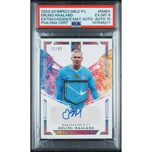 2023-24 PANINI IMPECCABLE PREMIER LEAGUE EXTRAVAGANCE MATERIALS AUTOGRAPHS #EMEH ERLING HAALAND EXTRAVAGANCE MAT AUTO PSA 6