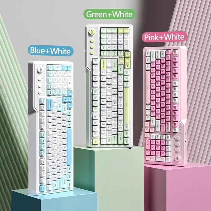 AULA F3099 three-mode, Rechargeable keyboard, 99-key layout, RGB lighting effects, color matching keycaps, ergonomic design, large-capacity battery, light-tone keys suitable for office use, multi-device compatible, plug-and-play, available for computer