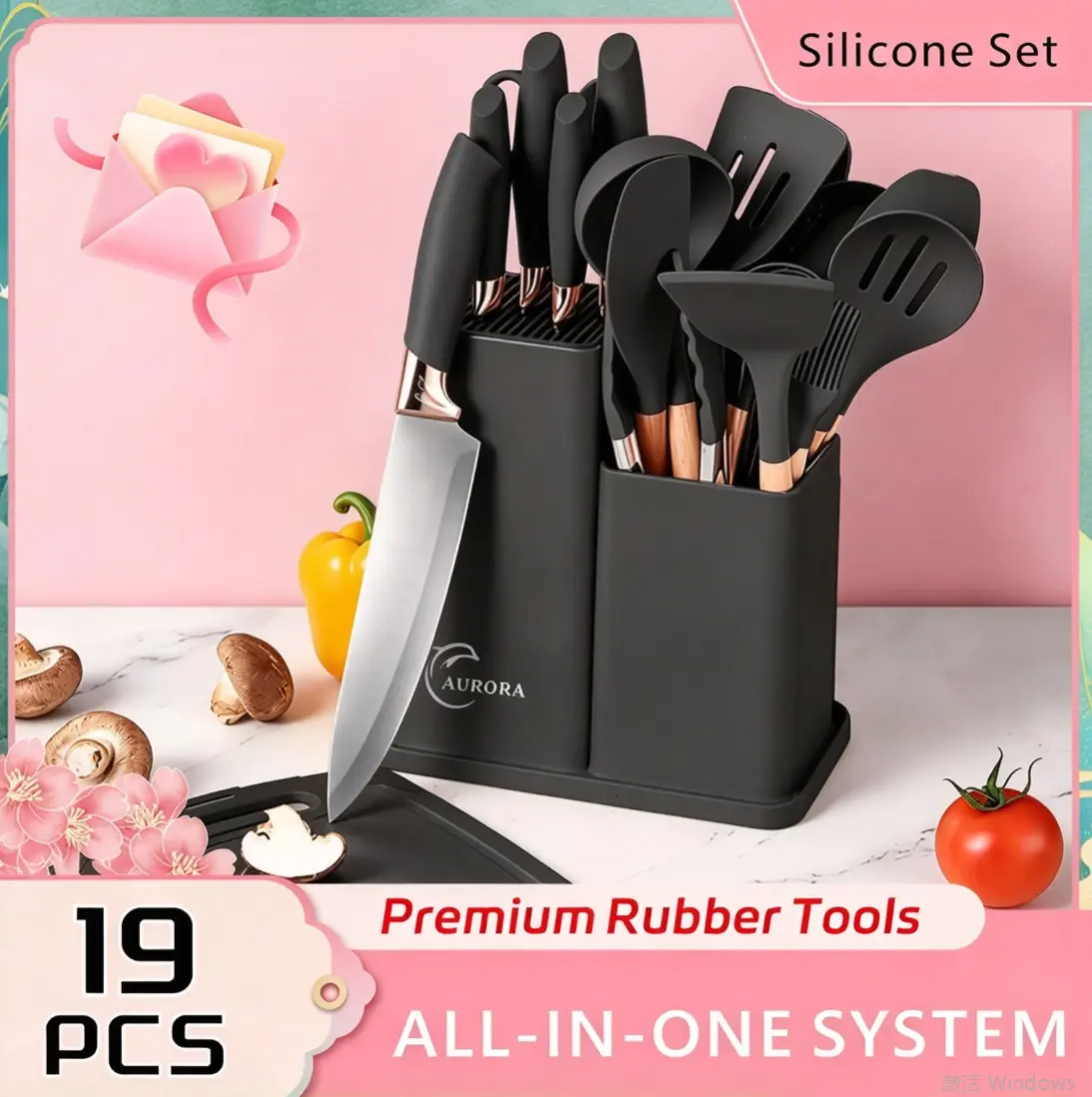 Women's 19-Pcs Eco-Friendly Kitchen Cooking Set - Heatproof, Heat-Safe Food-Grade Silicone Cutlery with Wooden Handles, Chef Knife, Non-Stick Compatible Tools, Ladle, Slotted Spoon, Cute White Blush Pink Valentine's Day Food Grade Cookware Set