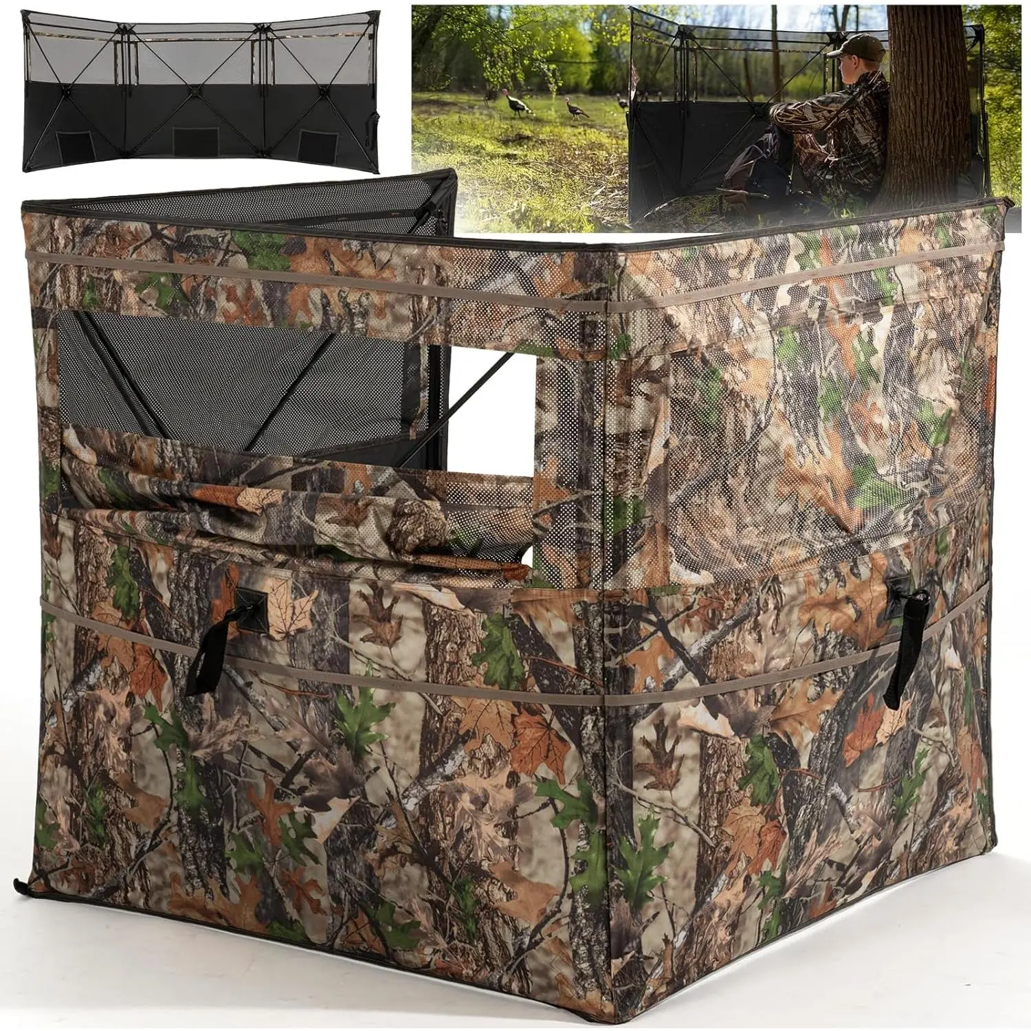 Outdoor Hunting 3-Panel Camo Hunting Shelter, Lightweight Collapsible Deer Blind with See-Through Mesh, Silent Slides, Instant Set-Up, Portable Ground Setup, Carry Bag, Survival Tools, Ground Stakes & Wind Ropes Included