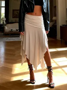 American Street Post-Apocalyptic High-Waisted Asymmetrical Split Skirt, Bottoms, Slimming Mid-Length Dress, Simple Solid Color, Versatile Women's Fashion