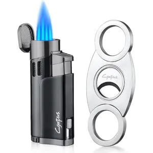 Black Cigar Cutter and Lighter Set Butane Refillable Four Jet Flame Windproof Torch Lighter with Sharpening Blade Cigar Guillotine