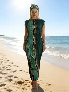 1dress+1scarf Stretchy Sleeveless Pleated Maxi Dress – Emerald Green Marble Print Bodycon Gown for Beach, Party & Evening Events | FREE Matching Headwrap Included